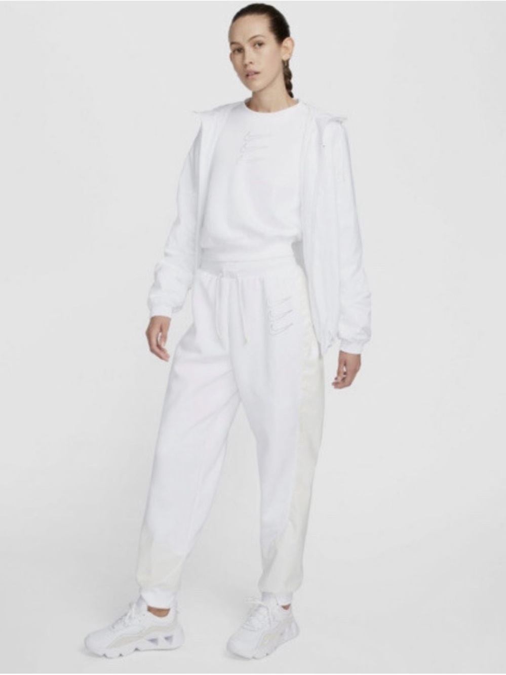 Nike White Track Joggers with Cream faux leather-like side paneling